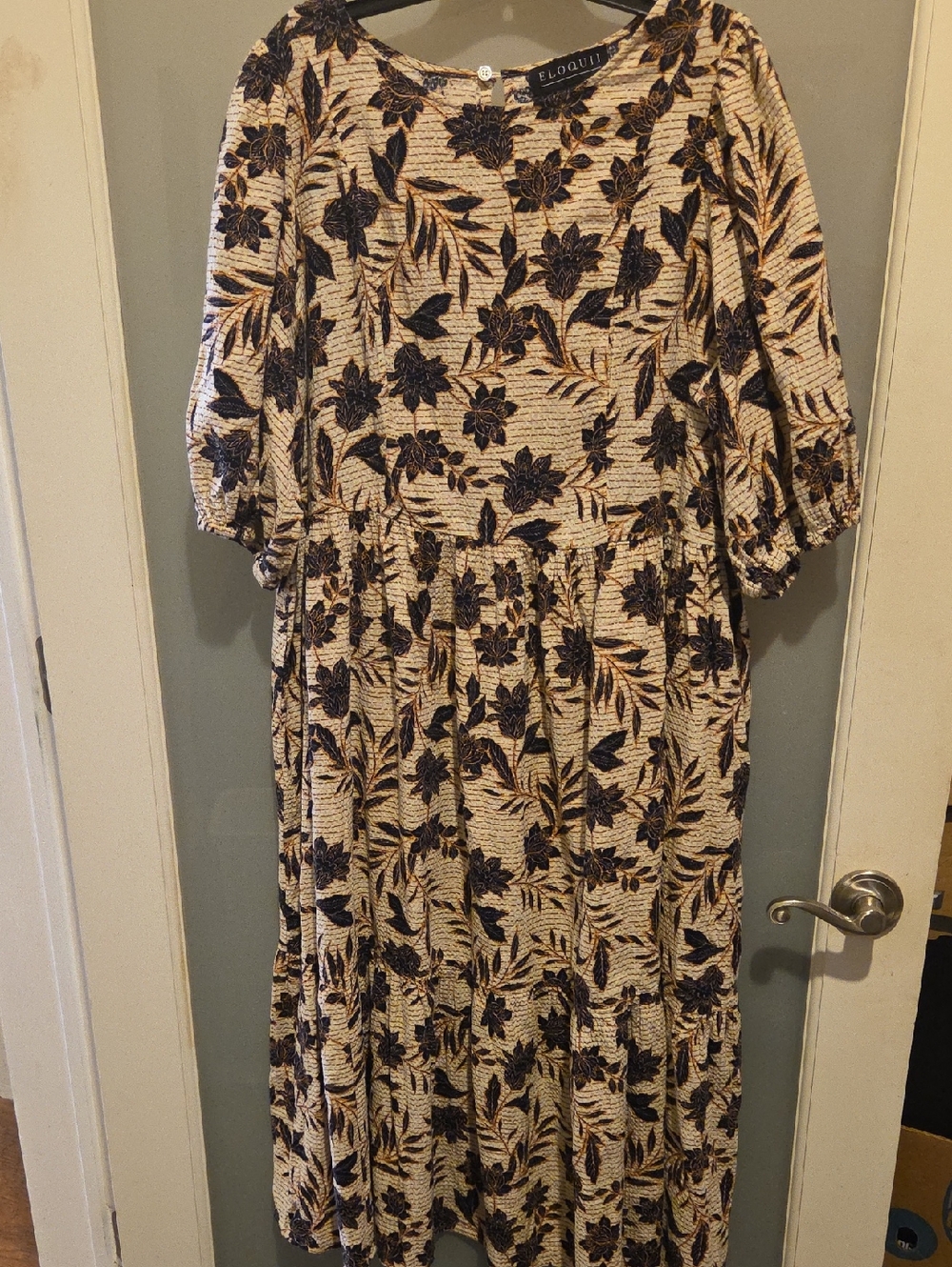 Eloquii Cream Midi Dress with Black Floral Print - Picture 2 of 5
